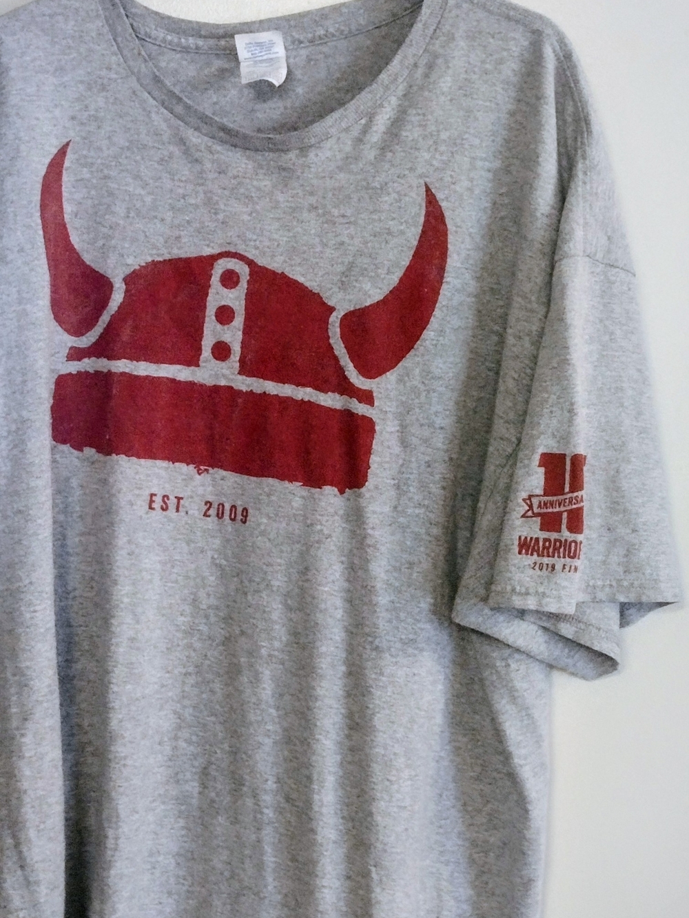 Grey Short Sleeve Tee with Red Viking Helmet Graphic